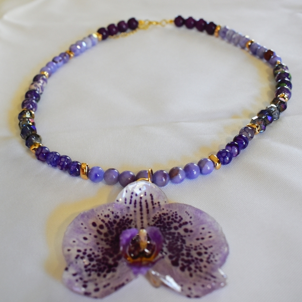 Purple Beaded Necklace with Orchid Pendant